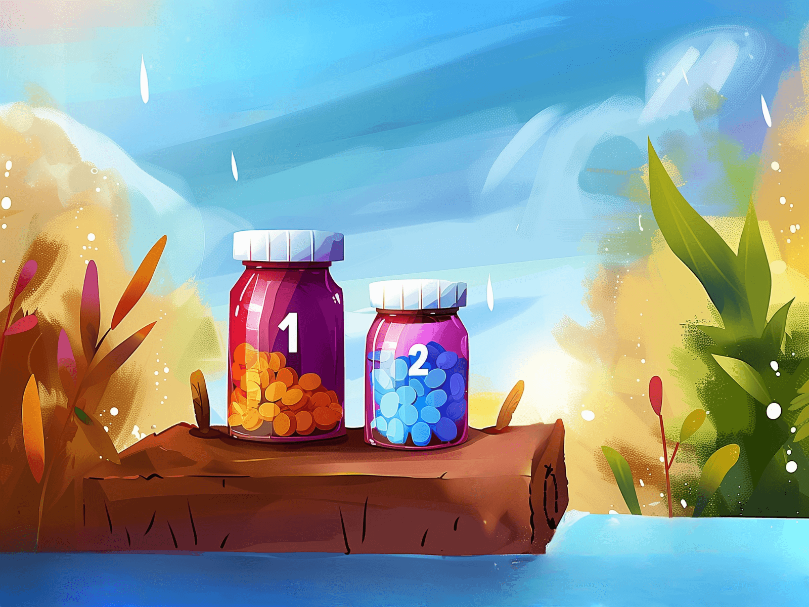 Two colorful ADHD pill bottles labeled "1" and "2" on a wooden log, surrounded by vibrant plants under a bright blue sky.